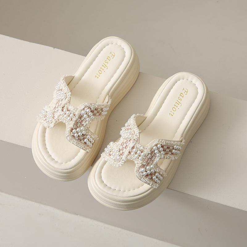 

Женские сандалии на жемчужной платформе 2025 - Модные летние шлепанцы на толстой подошве Size 35 бежевый