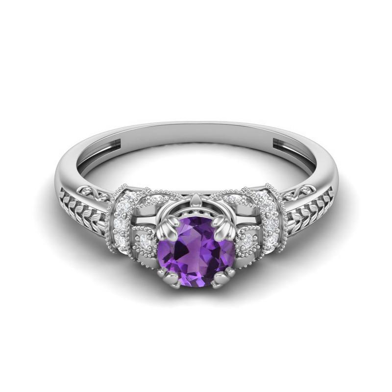 5MM Round Amethyst Gemstone 925 Sterling Silver Solitaire Blossom Design Women Wedding Ring
