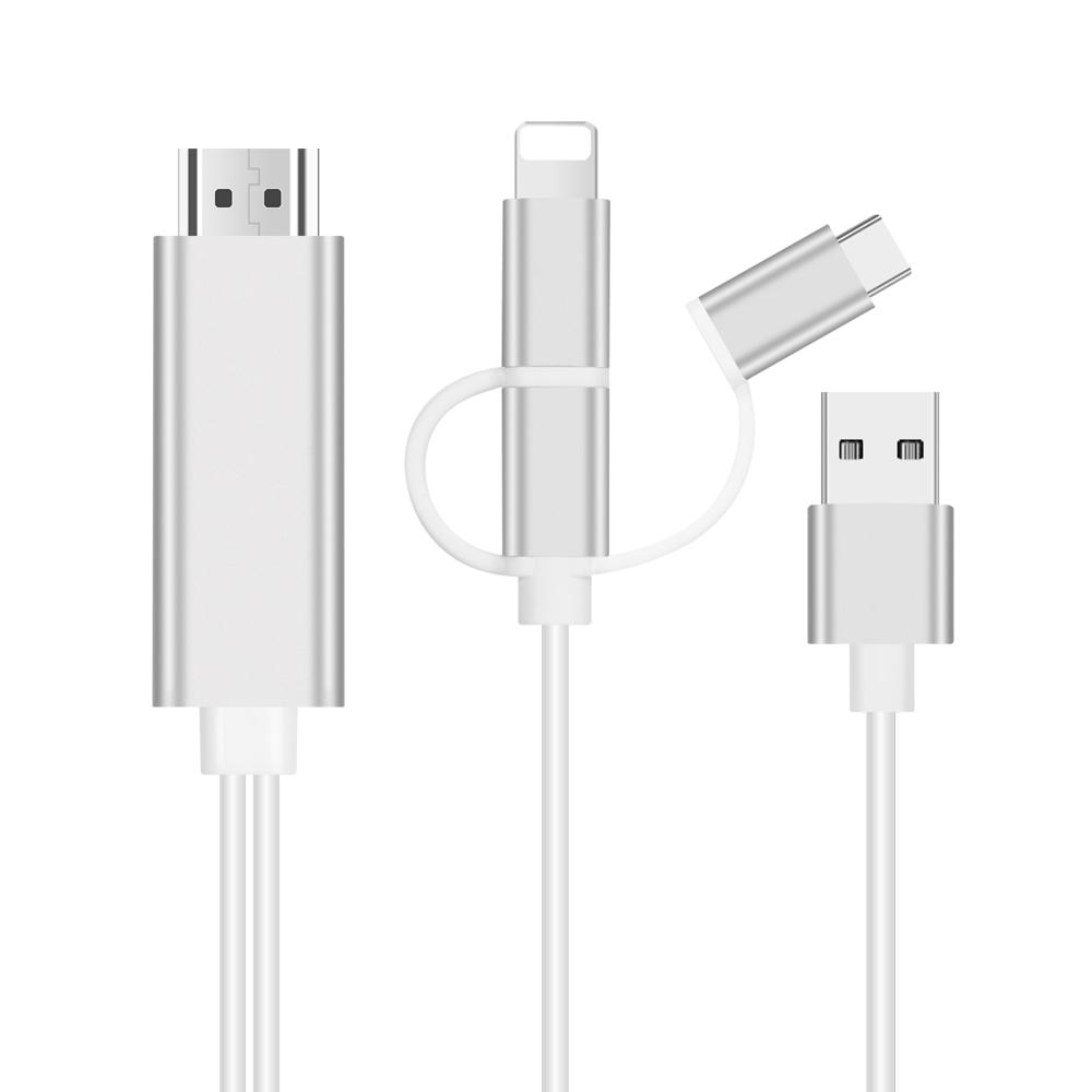3-in-1 Lightning/Type-C/Micro USB To HDMI HD Adapter Cable for iOS and Android Devices Mirroring Screen To TV/Projector/Monitor