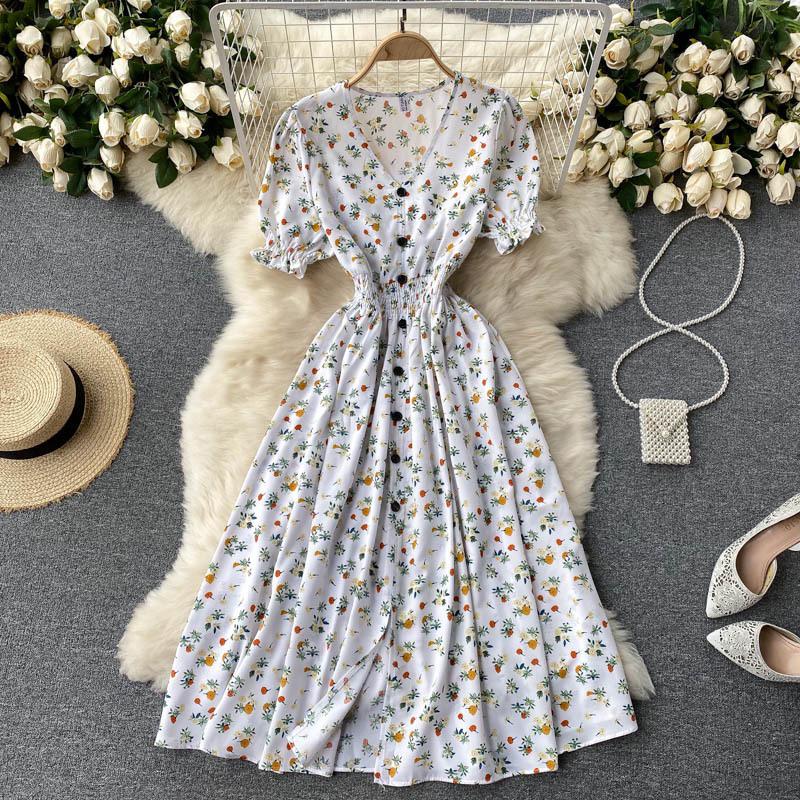 French-Style Retro Floral Dress with Puff Sleeves and Button-Up Slim Fit