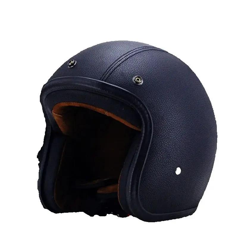 Vintage Black Leather 3/4 Open Face Motorcycle Chopper Bike Helmet PU Leather Motorbike Safety Gear for Men And Women