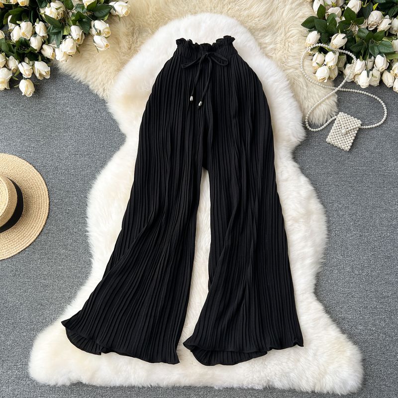 

Summer Wear High Waist Strap All-Matching Casual Pants Women s Chubby plus Size Slimming Slim Fit Draping Effect Wide Leg Pleated Pants Black One size