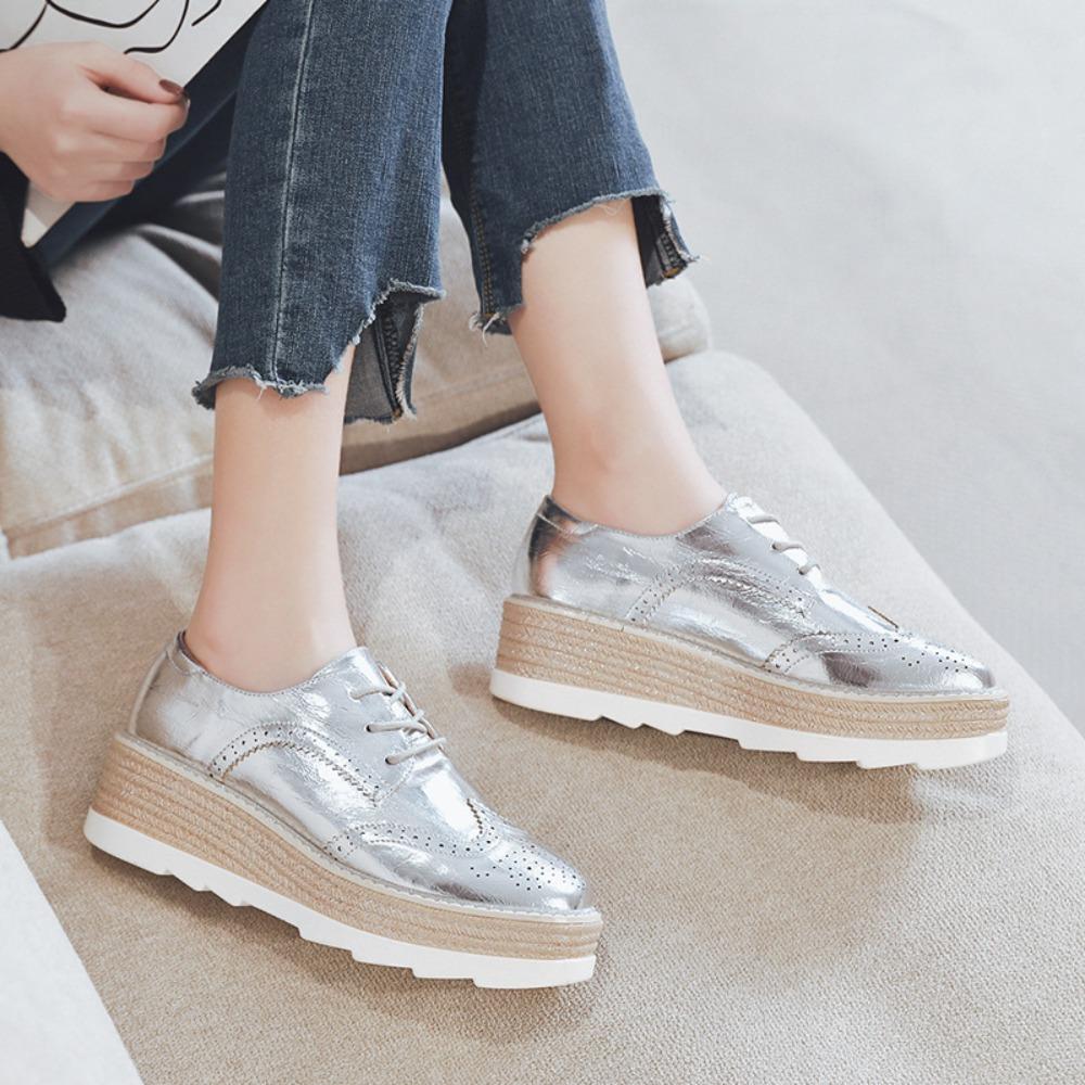 2026 New Women Round Toe Deep‑Cut Patent Leather Lace‑Up Wedge Platform Pumps, British Style Height‑Increase Versatile Thick‑Sole Casual Leather Shoes