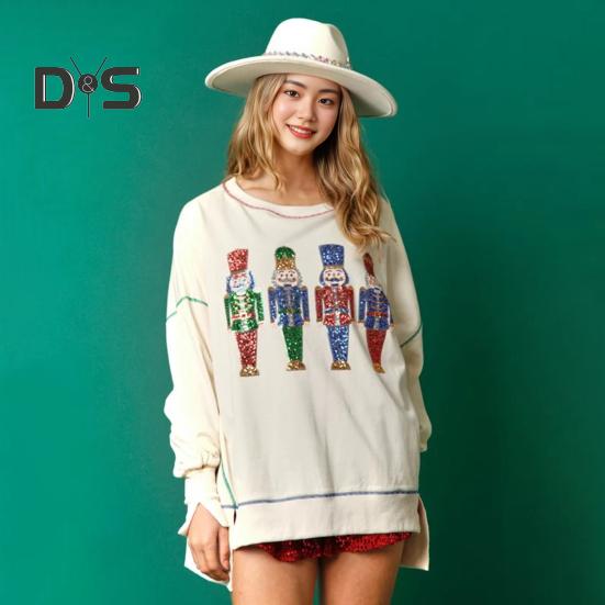 Women Sweatshirt Sequin Cartoon Pattern Slit Hem Round Neck Long Sleeves Christmas Style New Year Party Performance Top