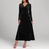 Women's Fashion Casual V-neck Velvet A-line Dress With Elegant Long Sleeves, Solid Color