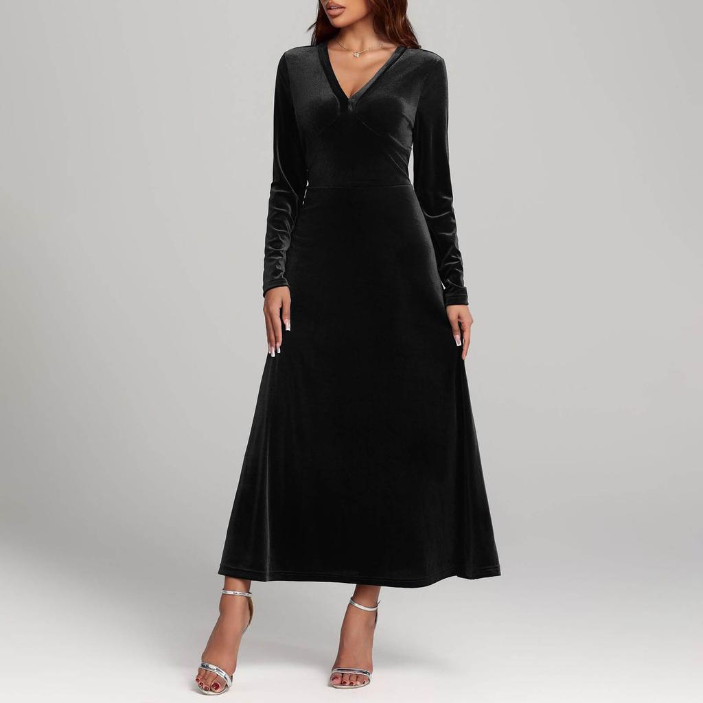 Women's Fashion Casual V-neck Velvet A-line Dress With Elegant Long Sleeves, Solid Color