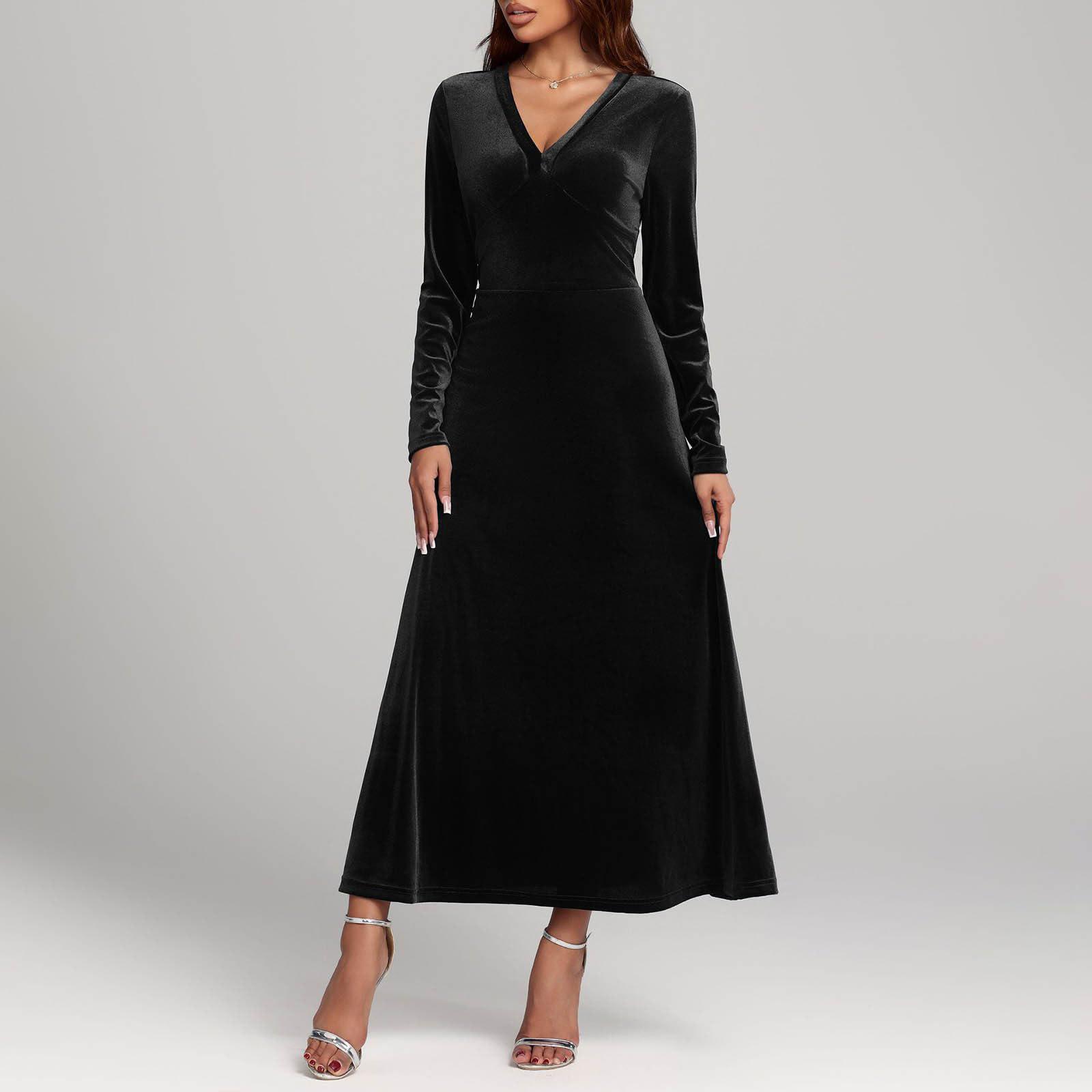 Women s Fashion Casual V-neck Velvet A-line Dress With Elegant Long Sleeves, Color L