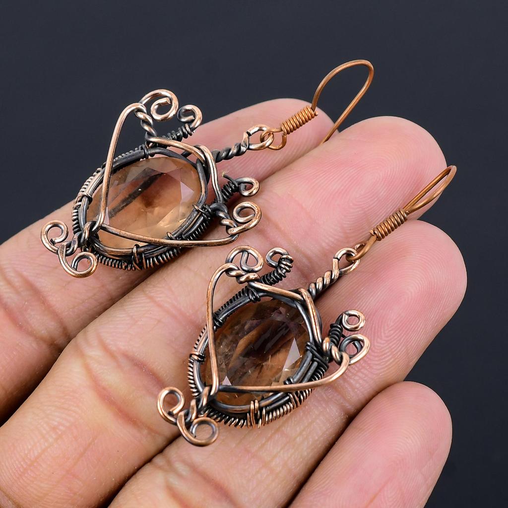 Smoky Topaz Earrings Gemstone Jewelry, 999 Copper Wire Wrapped Earrings, Handmade Beautiful Jewelry Earrings