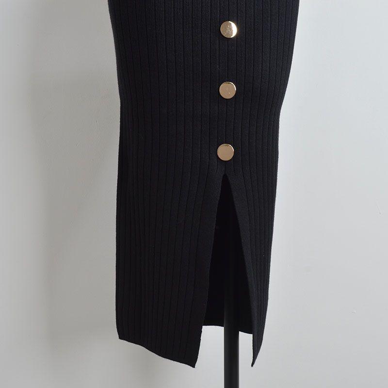 French Simplicity New Arrival Metal Buckle Knitting Skirt Women's Clothing Spring & Fall Elastic Waist High Hip Split Straight Skirt