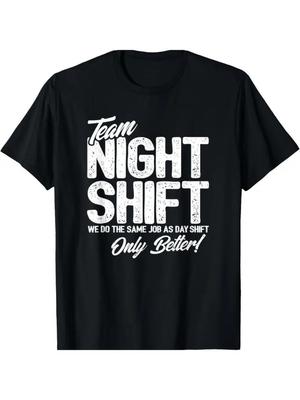1pc Team Night Shift Graphic Tee - Casual Cotton T-Shirt with Geometric Pattern,