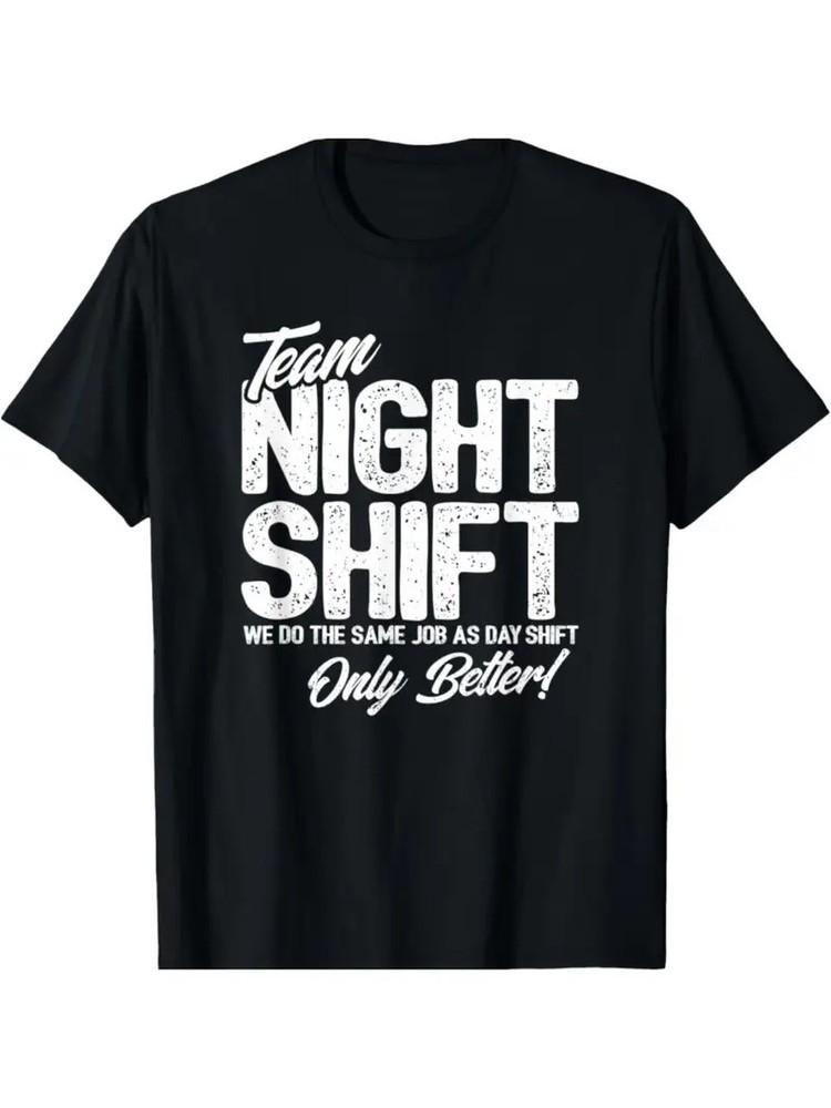 

1pc Team Night Shift Graphic Tee - Casual Cotton T-Shirt with Geometric Pattern, XL
