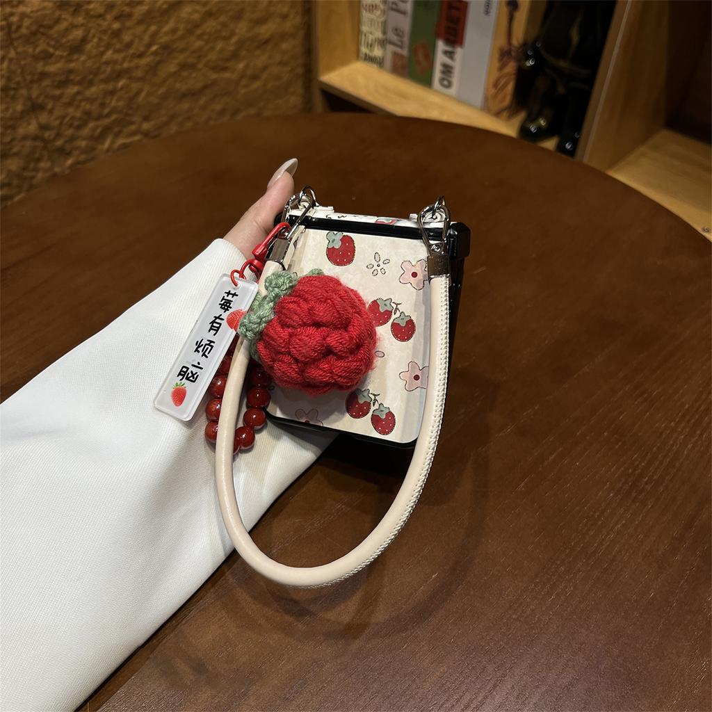 Cute Korean Strawberry Flowers Phone Case with Knitted Fruit Pendant Leather Strap for Samsung Galaxy Z Flip7 Flip 6 Flip5 Cover