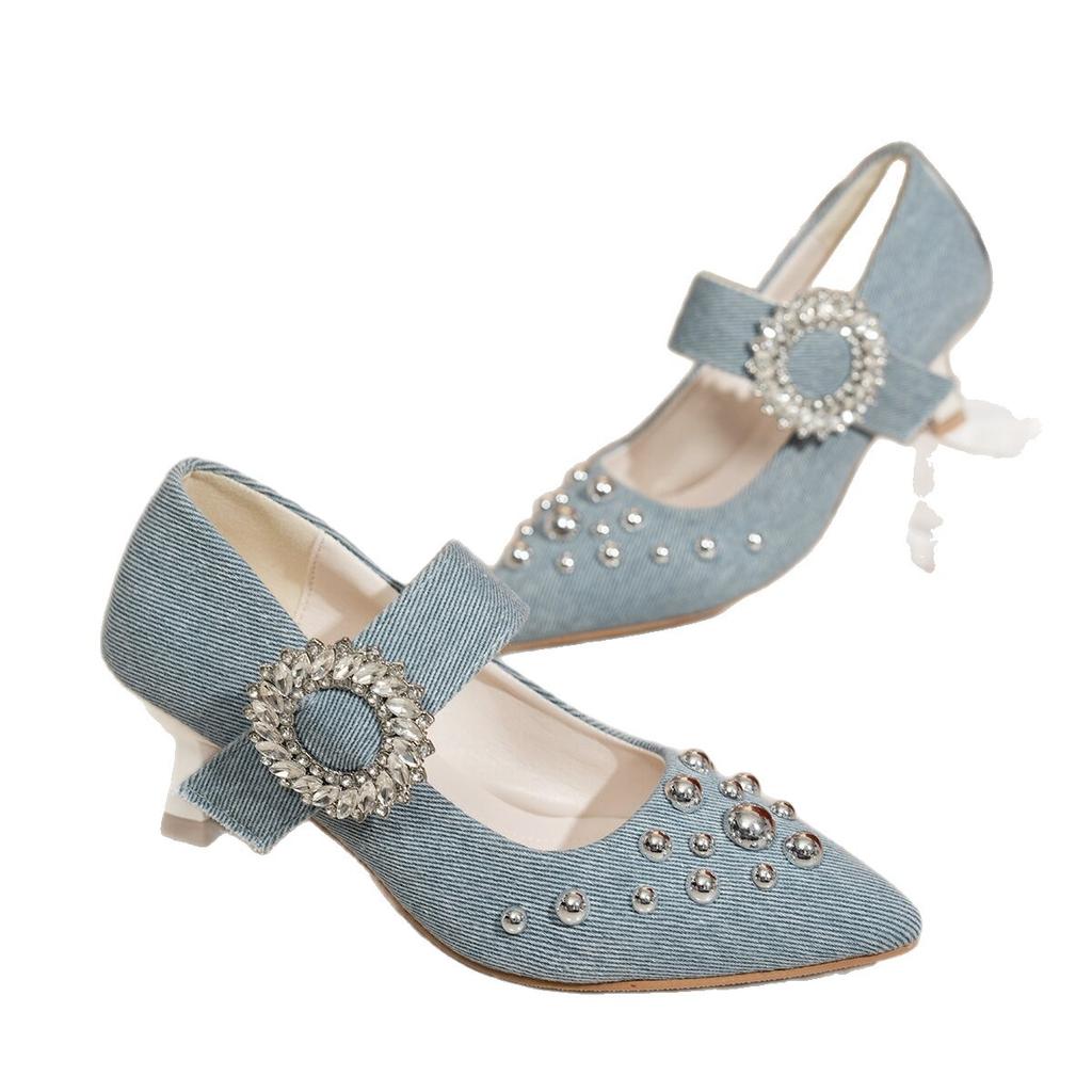 2025 summer new pointed thin heels cool slippers high heels European and American fashion bag head women's rhinestones fashion foreign trade