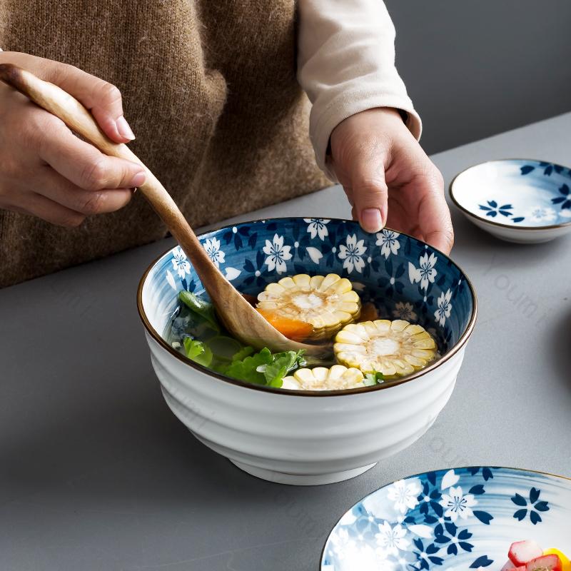 Keramické talíře v japonském stylu s květinami, retro restaurace, mořské plody, sushi talíř, domácí lahodné pokrmy, rýžové misky, vynikající stolní nádobí