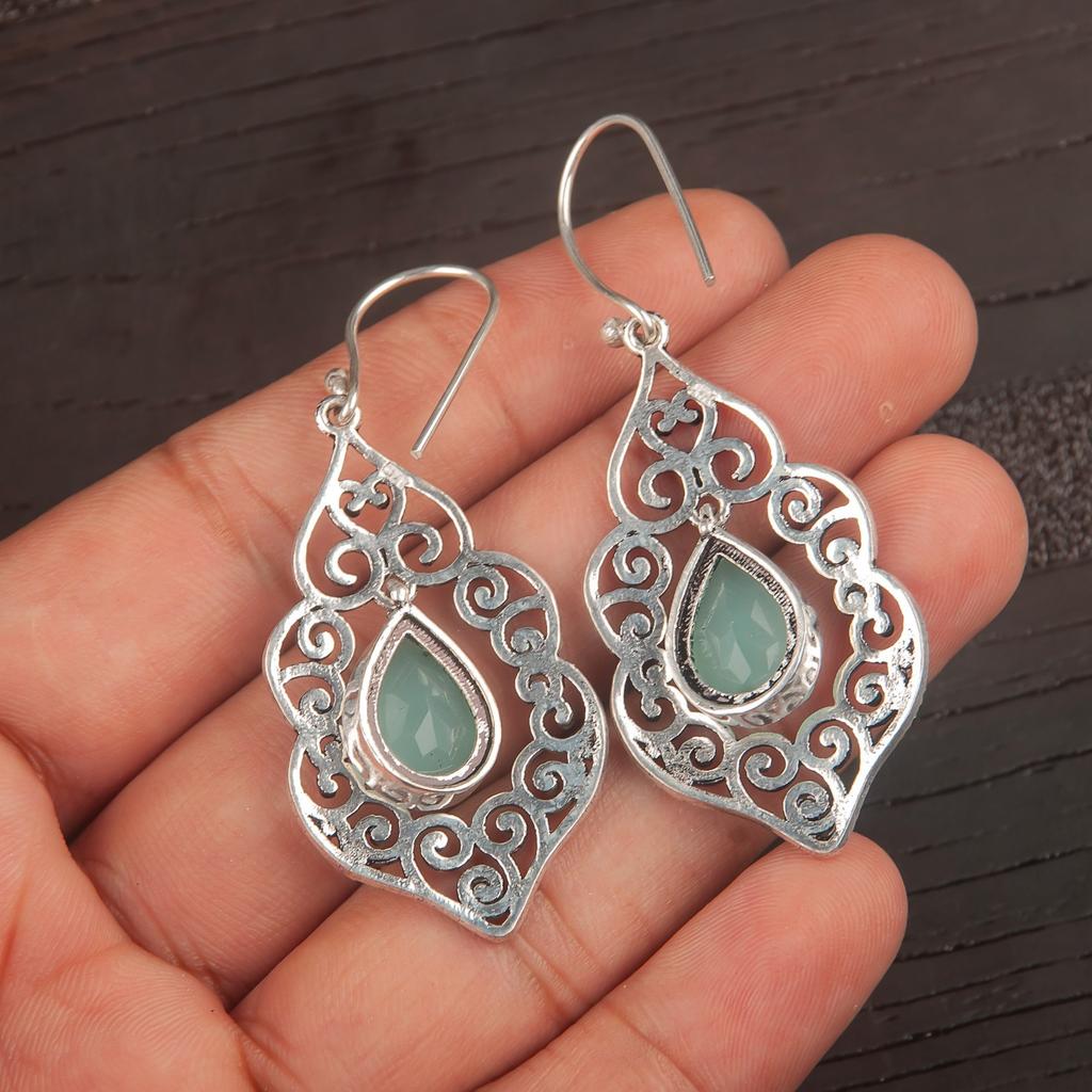 Aqua Chalcedony Gemstone 925 Sterling Silver Jewelry Handmade Hook Earrings2.33" CE-10-16