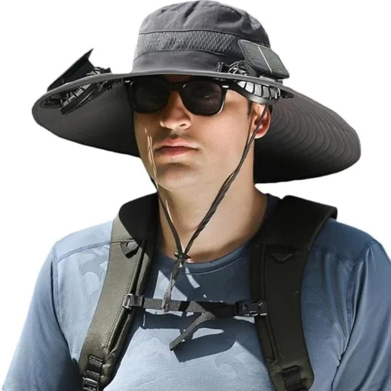 Wide Brim Solar Fan Hat Detachable Solar-Powered Fan UV Resistant Summer Outdoor Hiking Fishing Sun Hat Portable Chargeable Caps