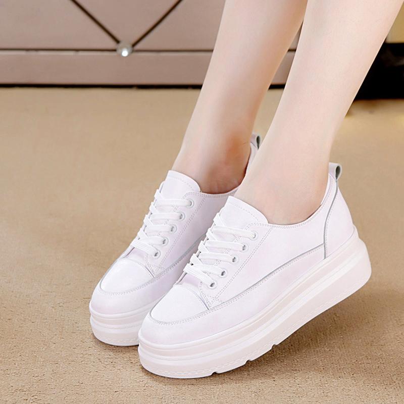 Genuine Leather White Shoes Women Sneakers Thick Sole Height Increasing 5cm Casual Ladies Soft Comfortable