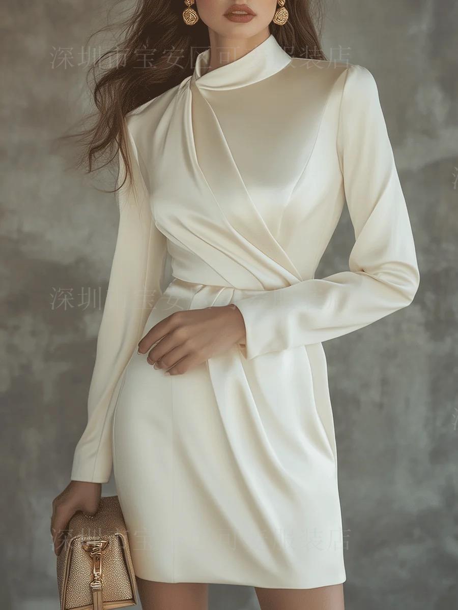 Autumn new temperament elegant long-sleeved half-turtleneck pleated high-end dress short skirt women S