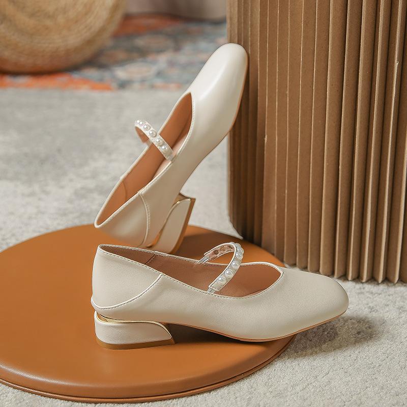 Mary Jane Shoes Women's 2025 Summer Single Shoes French Gentle Flat Sole Medium High Heel Thin Small Leather Shoes Gentle Wind