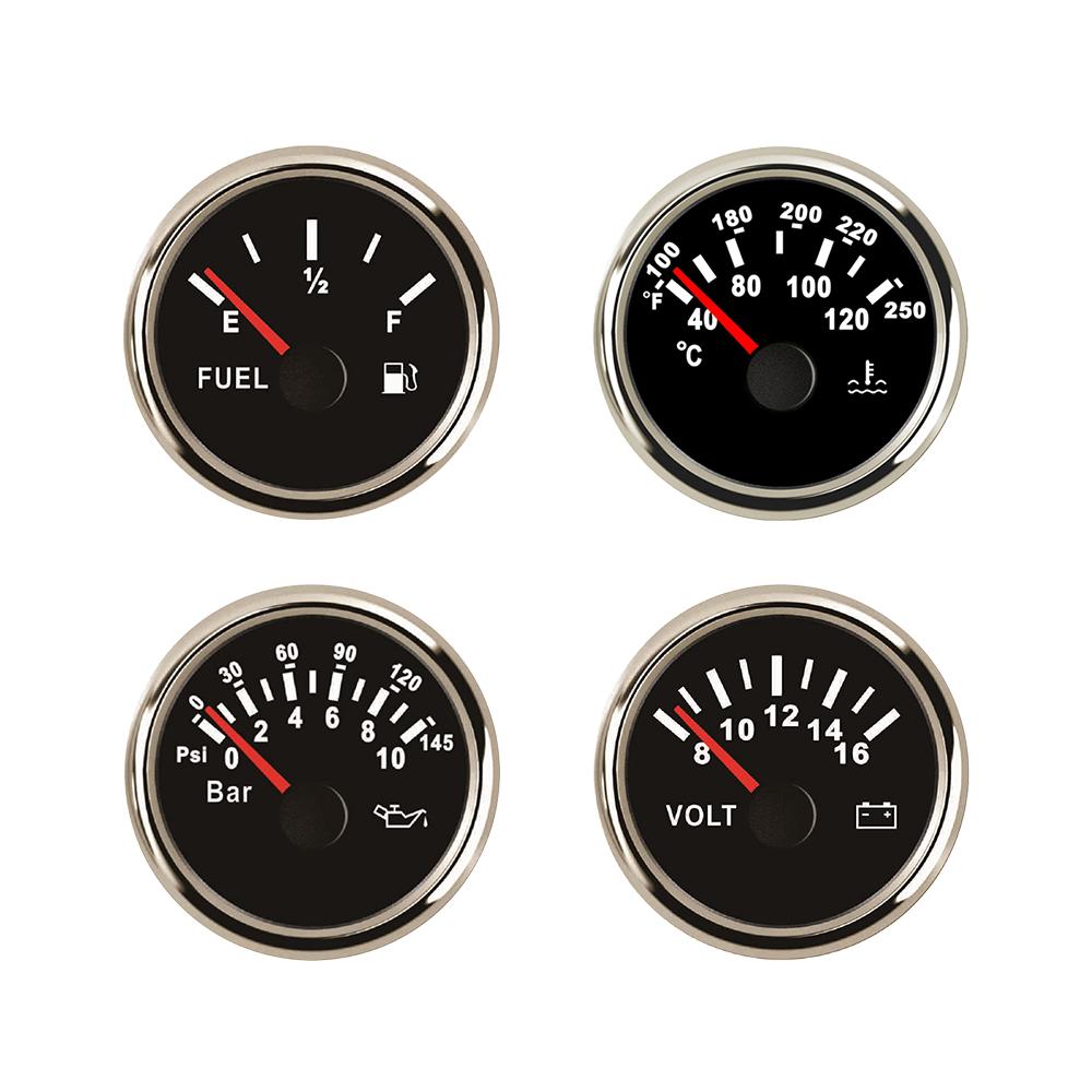 ELING 4 Gauge Set 52mm 40-120℃ Water Temp 0-10Bar Oil Pressure Fuel Level 8-16V Voltmeter with Red Backlight for Marine Car 0-190ohm BS