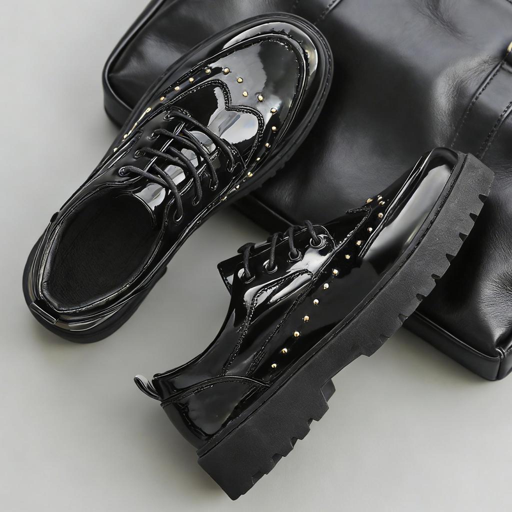 Fashion Rivet Casual Leather Men Shoes Comfortable Wallking Sneakers Lace Up Non Slip Wear Daily Business Preppy Platform Shoes