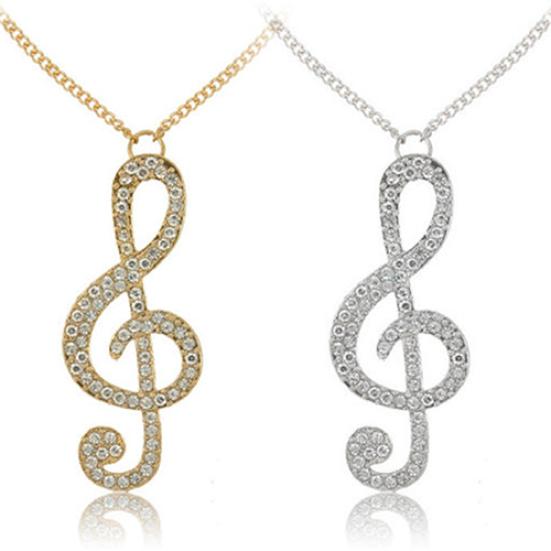 Fashion Women Fully Rhinestone Music Note Pendant Long Chain Sweater Necklace