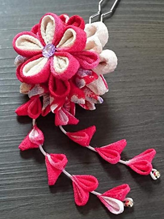 Red flower safflower wisteria tsumami zaiku craft kit hairpin, two-flower hanging,