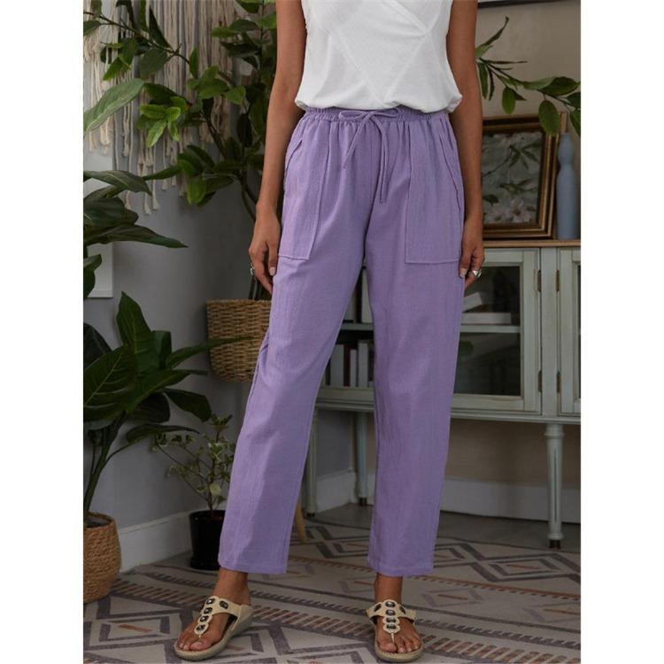 Women Casual Pants Autumn Solid Color Loose Cotton Linen Elastic Waist Big Pockets S фиолетовый