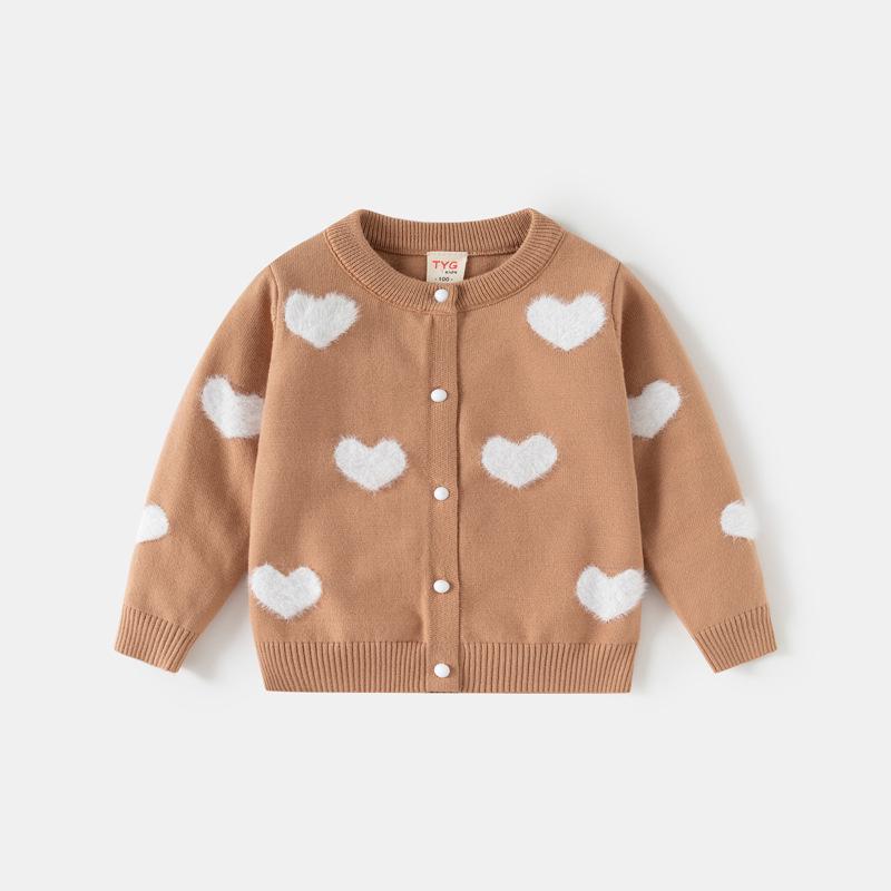 Children's Mink-Heart Jacquard Cardigan - Spring/Autumn Core-Spun Yarn Sweater for Girls