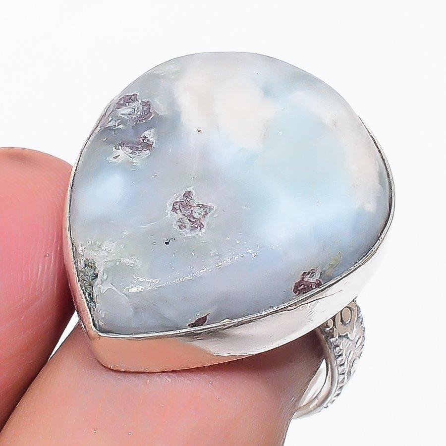 Natural Larimar Gemstone Handmade 925 Sterling Silver Jewelry Ring Size 7 o0I29