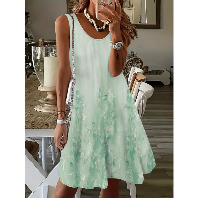 

[Printed Design – Not Textured] Plus size women’s fashionable, fresh and elegant gradient plant print sleeveless casual spring and summer sundress 4XL