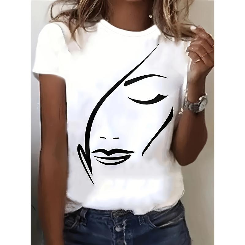 

Women s Clothing Figure Print Crew Neck T-shirt, Casual Short Sleeve Summer Daily Top 4XL білий