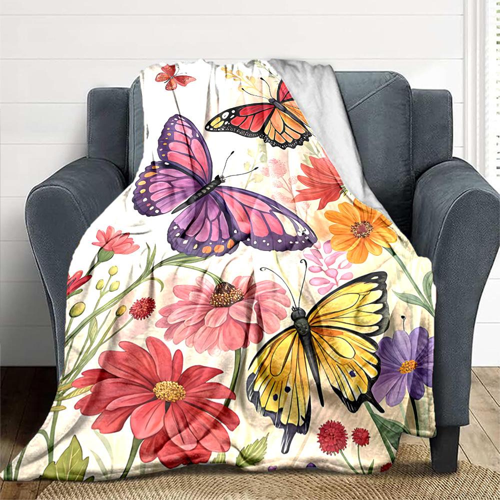 1pc Butterflies Flowers Lightweight Flannel Blanket, Comfortable and Warm Blanket, for Office and Camping Sofa Bed, Livingroom142