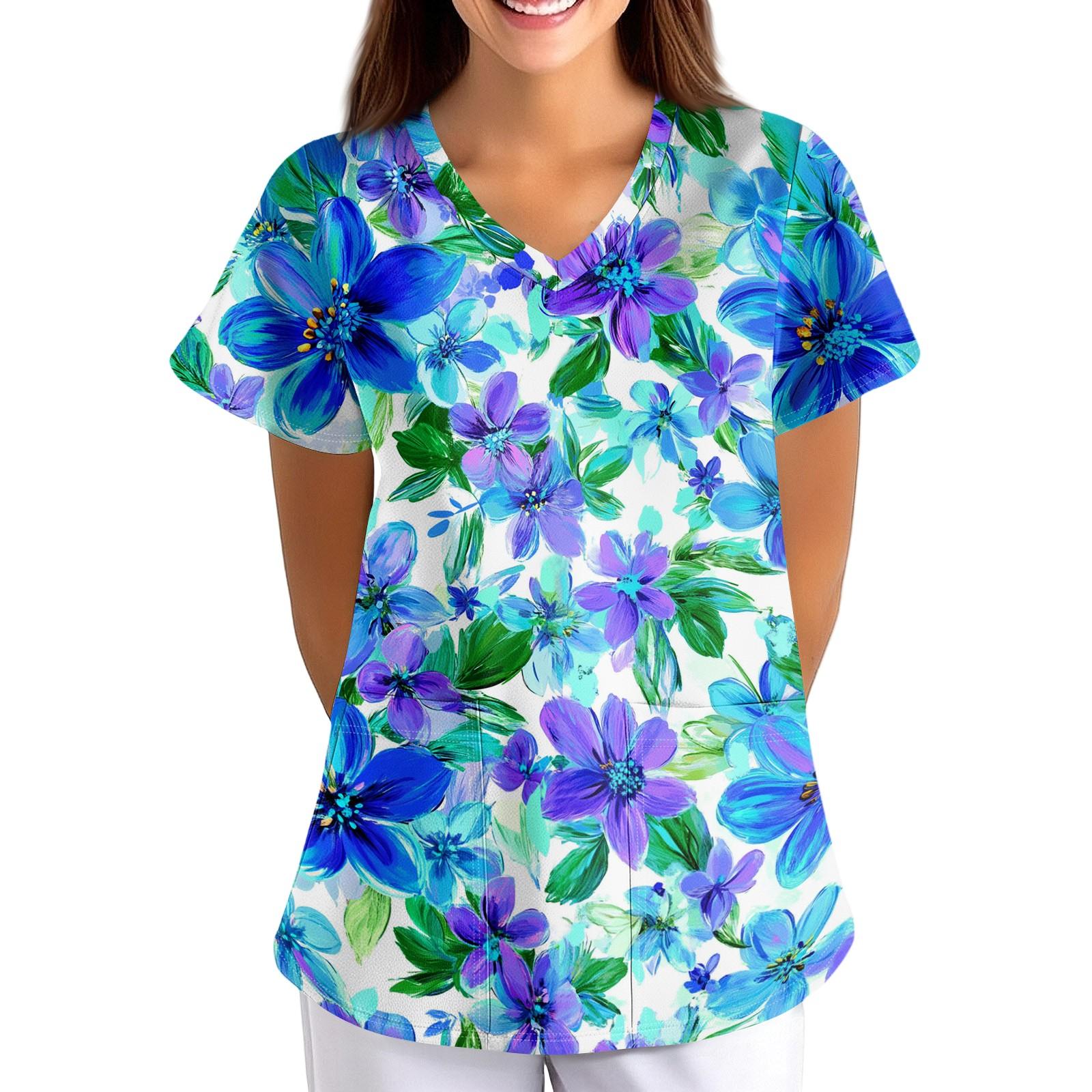 

Loose Fit Floral Print V Neck Short Sleeve Medical Scrub Top with Pockets for Nurses Caregivers and Healthcare Professionals XXXL