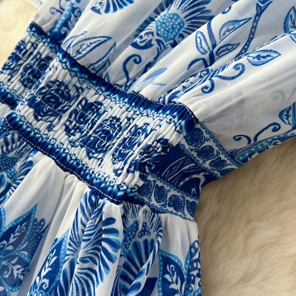 Luksusowa Niebiesko-Biała Porcelanowa Sukienka Maxi Bez Rękawów z Dekoltem V dla Kobiet Elegancka Letnia Sukienka A-Line z Wysokim Stanem Modelująca Sylwetkę