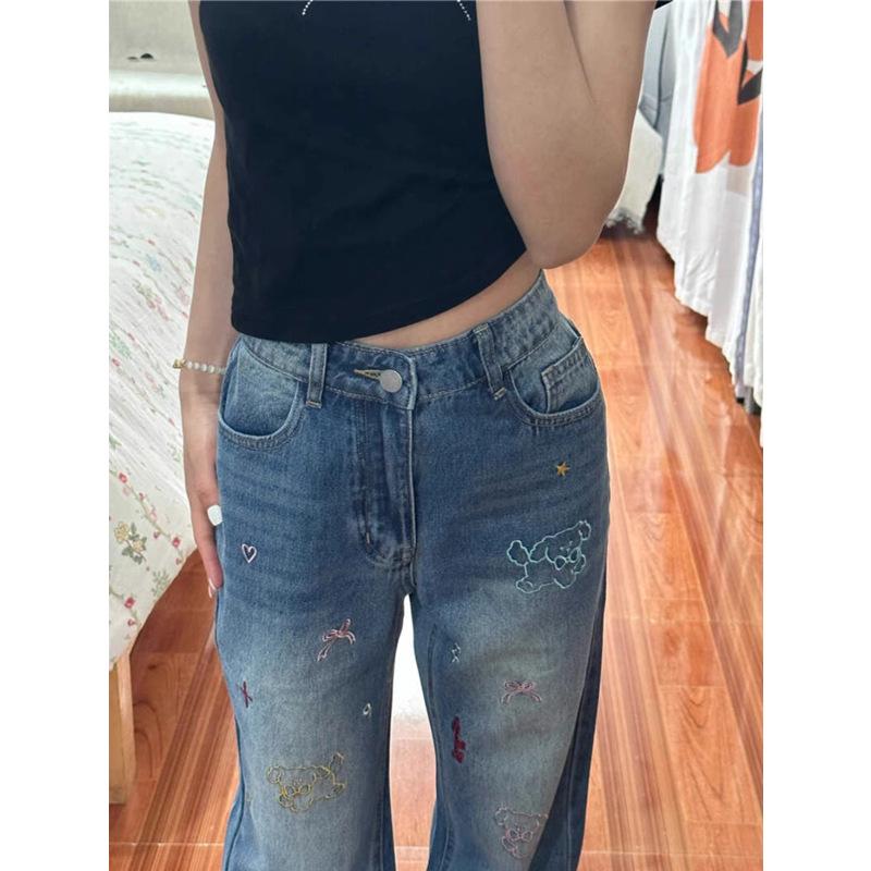 Women's Retro Embroidery High Waist Straight Leg Jeans, Autumn 2025, Slimming Narrow and Wide Leg Options.