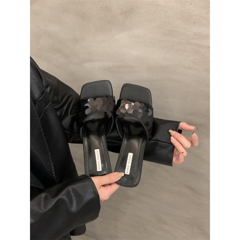 Summer new niche high-end cool slippers outer wear thin heel sequined high-heeled sandals women's shoes