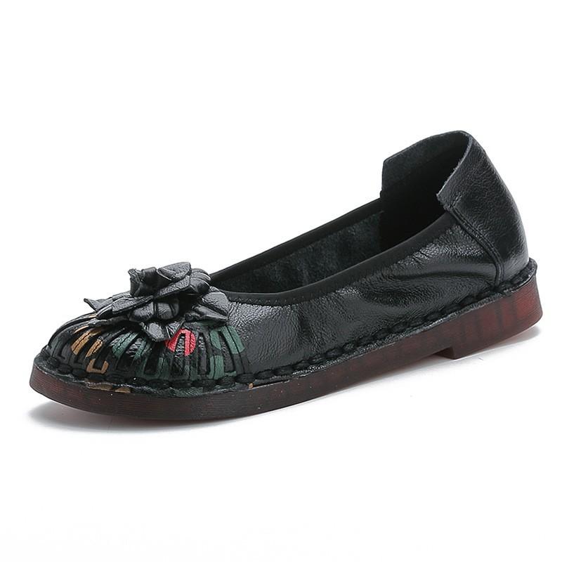 Retro Leather Shoes Ethnic Style Comfortable Pregnant Women's Shoes Genuine Leather Soft Sole Women's Shoes Beans Shoes Shallow Mouth Handmade