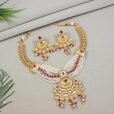 Gold Plated Traditional Antique Brass Pearl Necklace Jewellery With Earring Set For Women