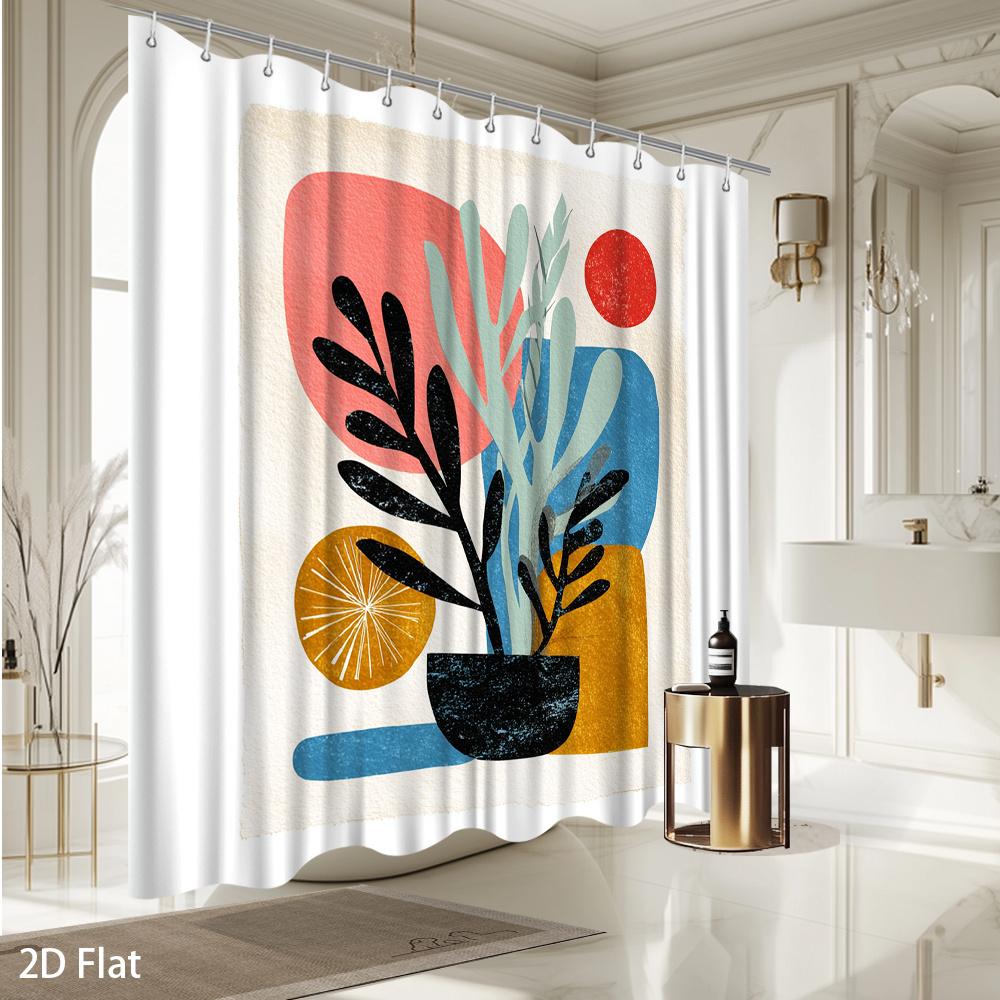 Abstract Plant & Shape Shower Curtain – Colorful Botanical Art, 2D Flat, Machine Washable, Includes Hooks, Multi-Size