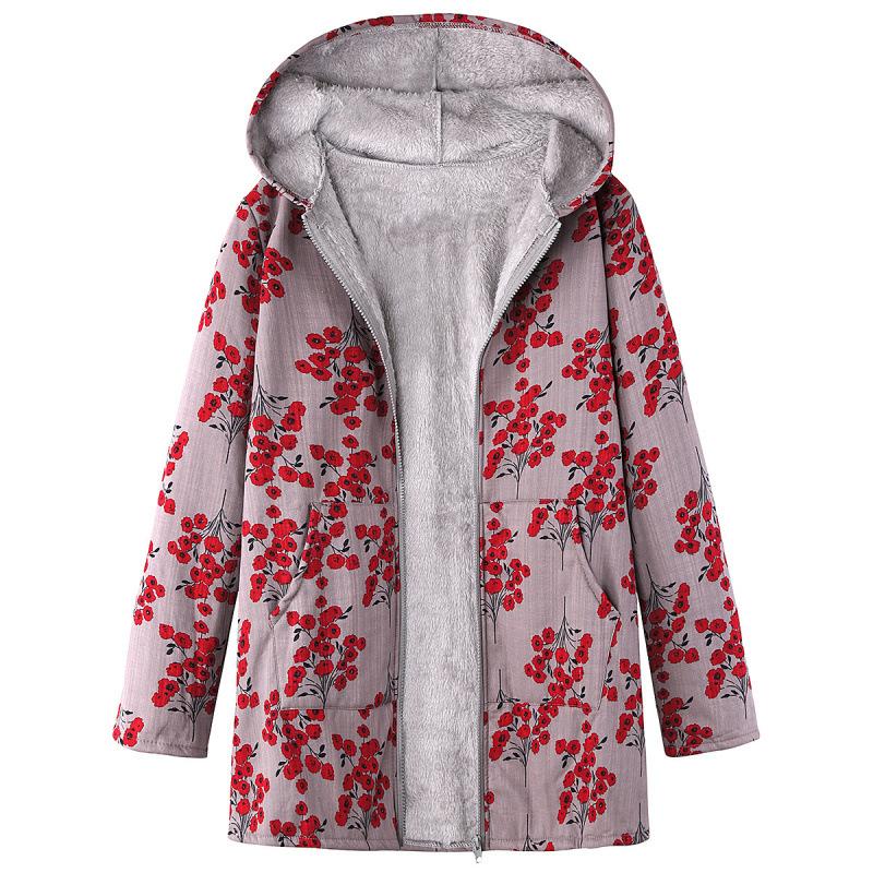 2025 European and American women's long-sleeved zipper hooded thickened composite cotton-padded coat printed medium and long cotton-padded coat