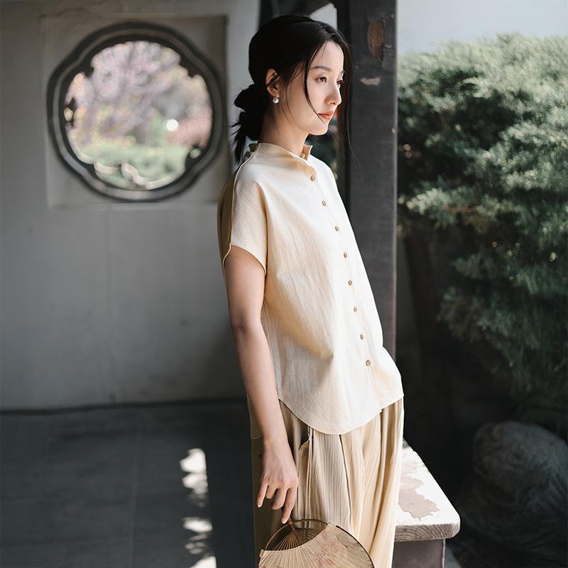 Women's 1116 Summer New Cardigan Short-sleeved Top Women's Tencel Linen Thin Versatile T-shirt