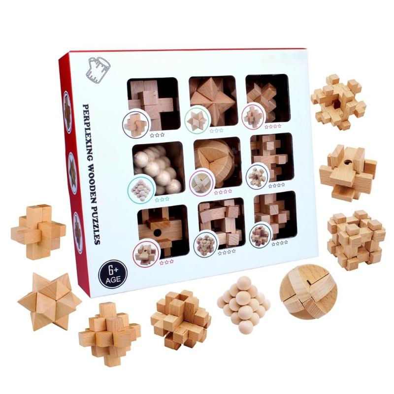 

9Pcs Wooden Brains Teasers Puzzle Logics Mind Puzzle Box Locks Removing Assembling Toy for Party Decoration 1