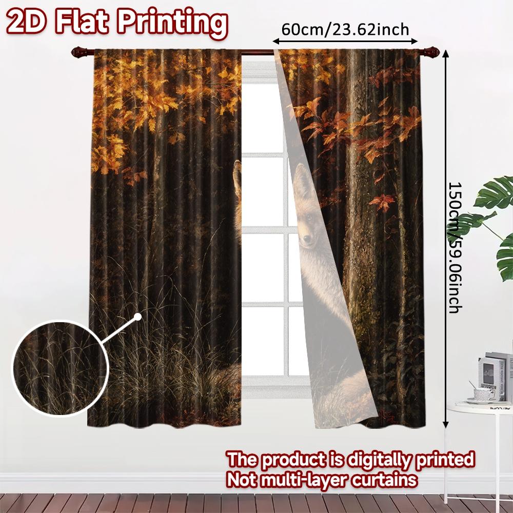2pcs, 2D FLAT PRINTING Curtains (Without Rod) Autumn Fox Scene Chic Print Curtains Festival Versatile Polyester Curtains Outdoor