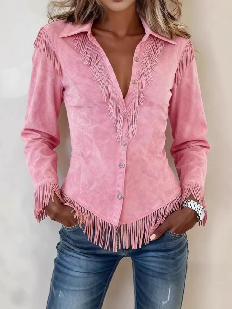 Women's Pink Suede Tassel Jacket - European & American Slim Lapel Coat for Autumn/Winter