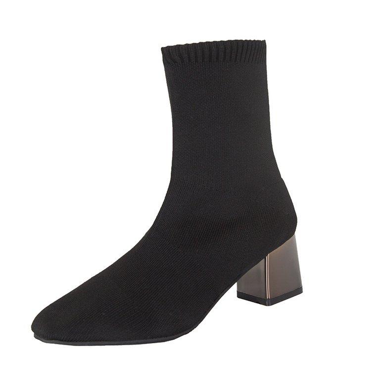 2025 Spring and Autumn New Pointed High-heeled Socks Boots Elastic Boots Women's Thick-heeled Short Boots Thin Boots Medium Tube Socks Socks Boots