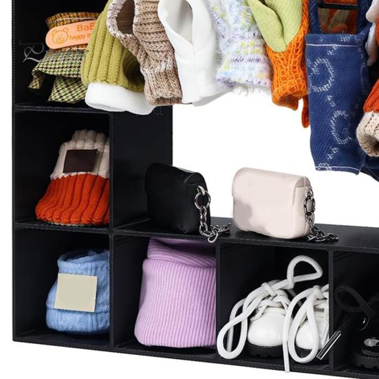 Puppenkleiderschrank Garderobe mit 10 Kleiderbügeln Mädchenkleidung Aufbewahrung Niedliche Accessoires Organizer Puppenhaus Figur Kleider-Ausstellungsbox Mini