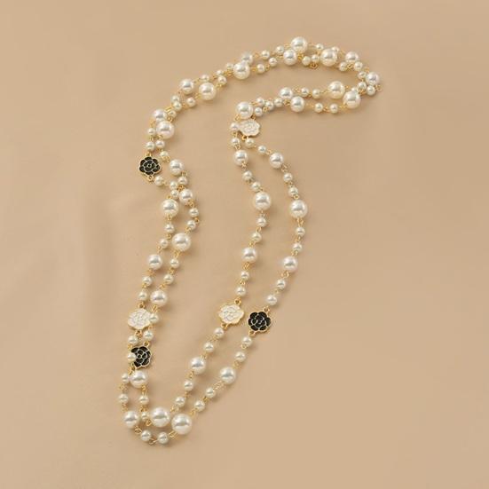 Women Necklace Double Layers Faux Pearl Camellia Decor Sweater Decoration Contrast Color Stainless Smooth Adjustable Women Jewelry