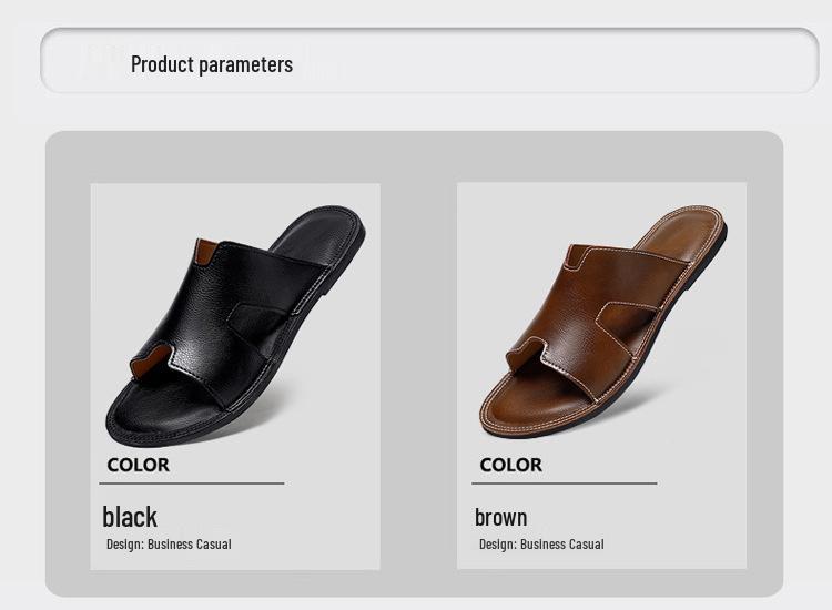 Men's Genuine Leather Cross Strap Slip-on Slippers, Size 46-47, Non-slip Outdoor Beach Flip Flops