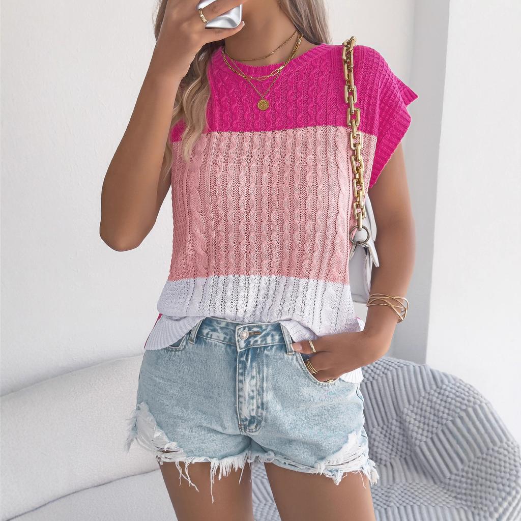 Women Color Block Cable Knit Short Sleeve Knit Top